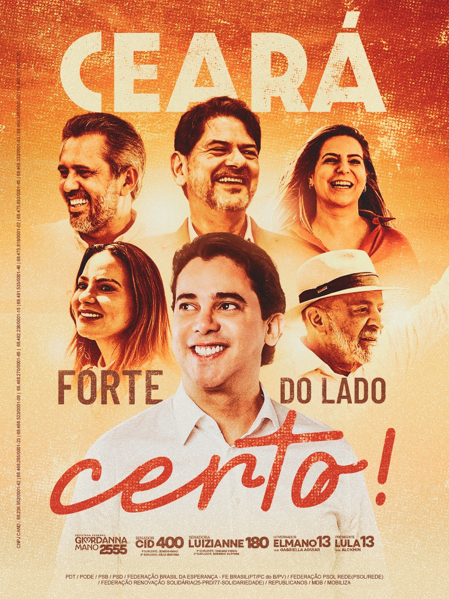 Deputado Júnior Mano em material de campanha ao lado de Lula, Elmano, Cid Gomes, Luizianne Lins e Giordanna Mano com a frase 