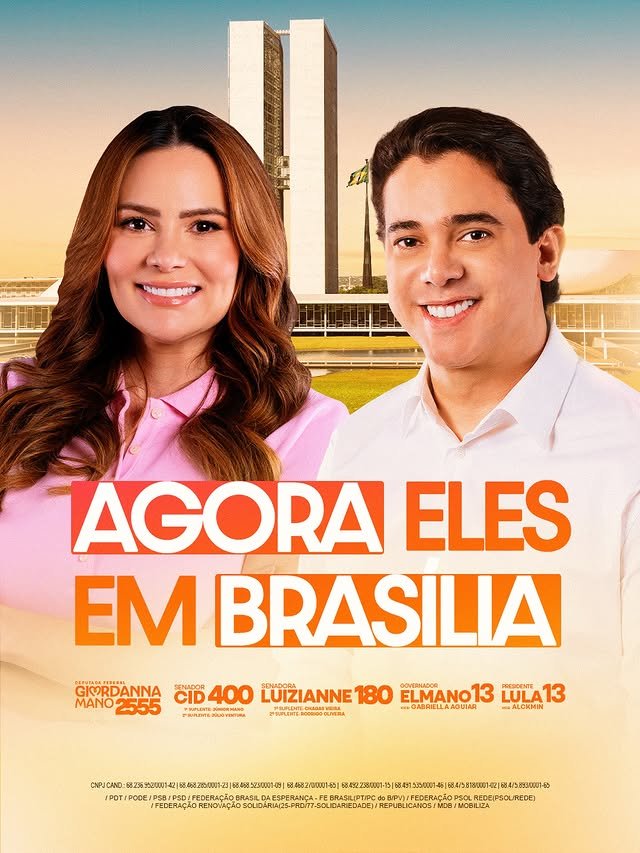 Júnior Mano e Giordanna Mano em material de campanha com o Congresso Nacional ao fundo e a frase 