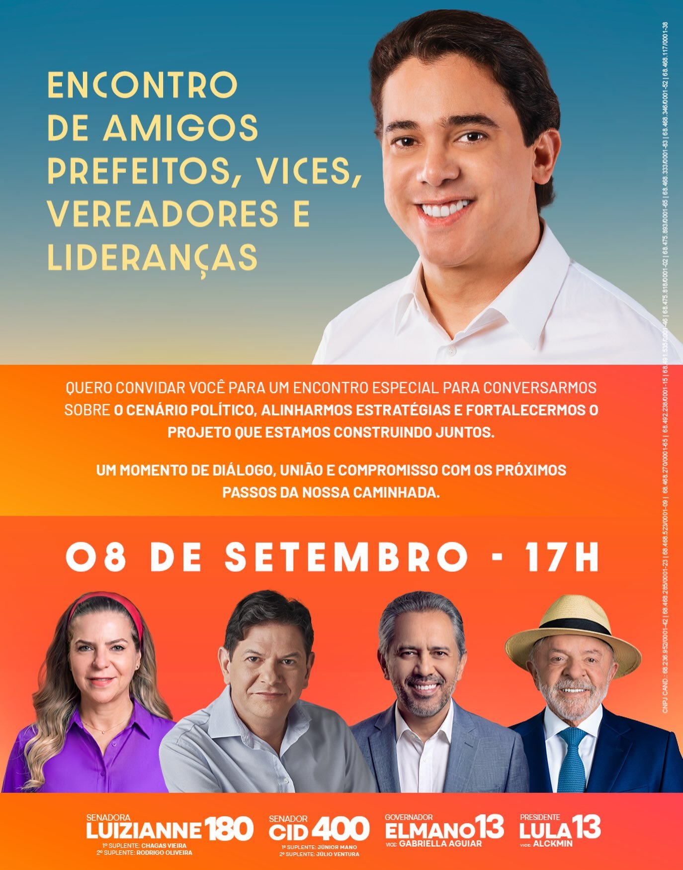 Arte do Encontro de Amigos do deputado Júnior Mano com prefeitos, vices e vereadores, marcado para 8 de setembro às 17h