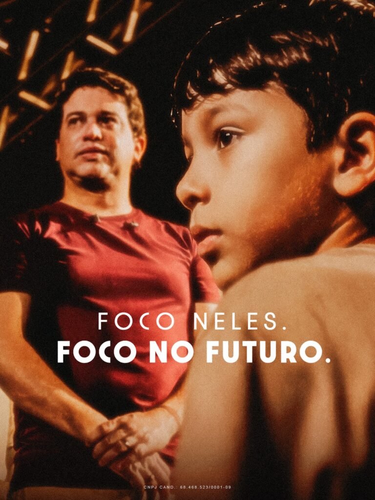 Arte com Júnior Mano e uma criança com a mensagem Foco neles Foco no futuro.